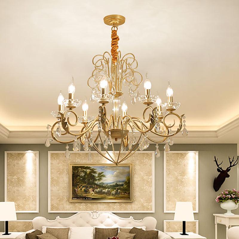 5/8 Lights Candle Hanging Lamp Vintage Style Metal and Crystal Height Adjustable Chandelier Pendant Light in Gold - Rebooters