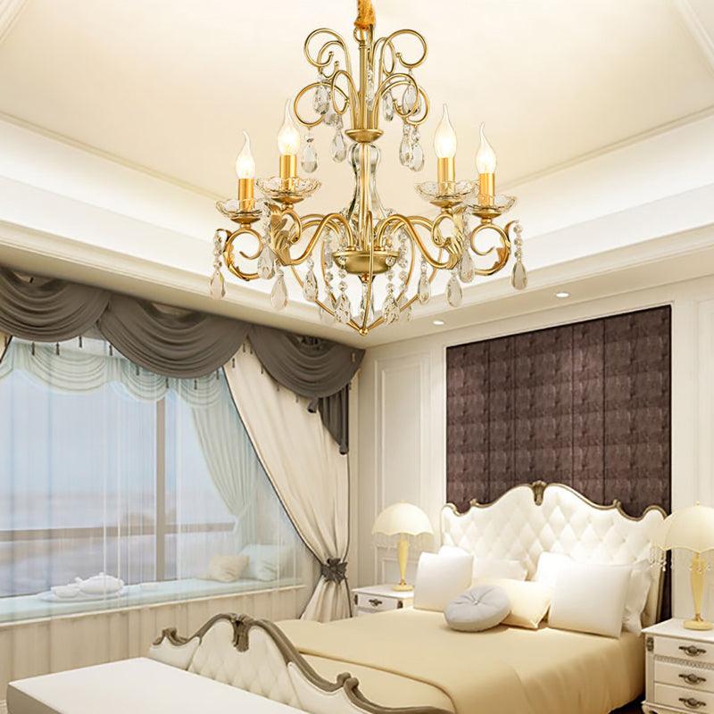 5/8 Lights Candle Hanging Lamp Vintage Style Metal and Crystal Height Adjustable Chandelier Pendant Light in Gold - Rebooters