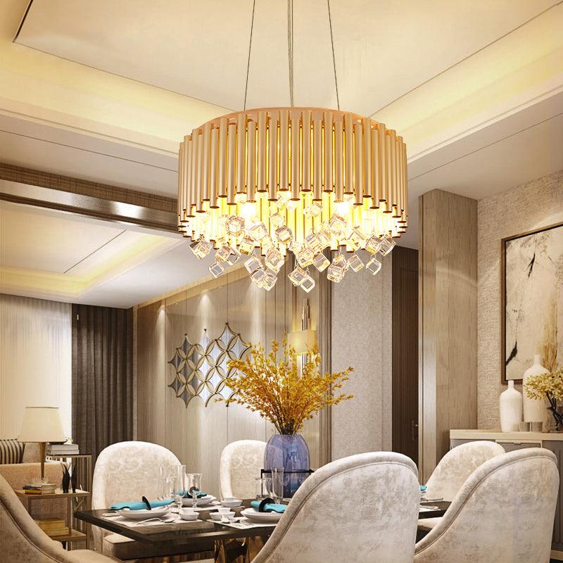 4/5 Lights Drum Hanging Pendant Light Modern Metal Chandelier Light with Cubic Crystal Accent in Gold 19.5 Inch W - Rebooters