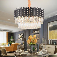 12 Lights Round Chandelier Pendant Light Vintage Metal Hanging Light with Crystal Block in Black Finish - Rebooters