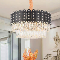 12 Lights Round Chandelier Pendant Light Vintage Metal Hanging Light with Crystal Block in Black Finish - Rebooters
