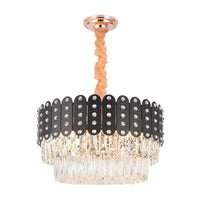 12 Lights Round Chandelier Pendant Light Vintage Metal Hanging Light with Crystal Block in Black Finish - Rebooters