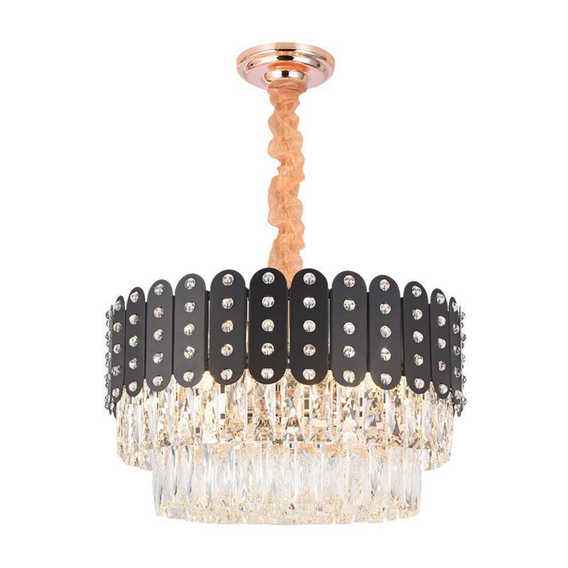 12 Lights Round Chandelier Pendant Light Vintage Metal Hanging Light with Crystal Block in Black Finish - Rebooters