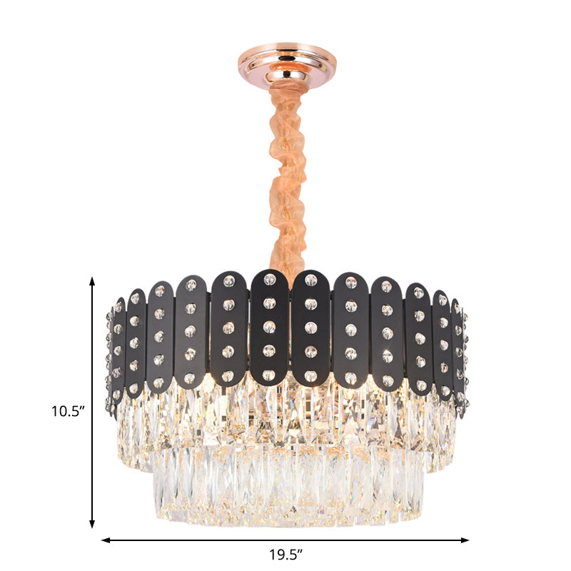 12 Lights Round Chandelier Pendant Light Vintage Metal Hanging Light with Crystal Block in Black Finish - Rebooters