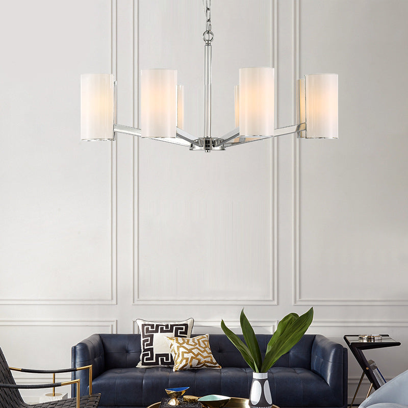 White Glass Cylindrical Chandelier Contemporary 8-Light Silver Ceiling Pendant Lamp - Rebooters