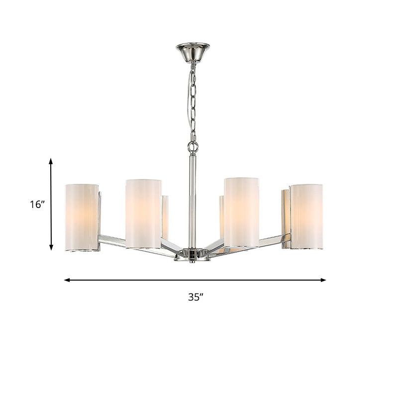 White Glass Cylindrical Chandelier Contemporary 8-Light Silver Ceiling Pendant Lamp - Rebooters