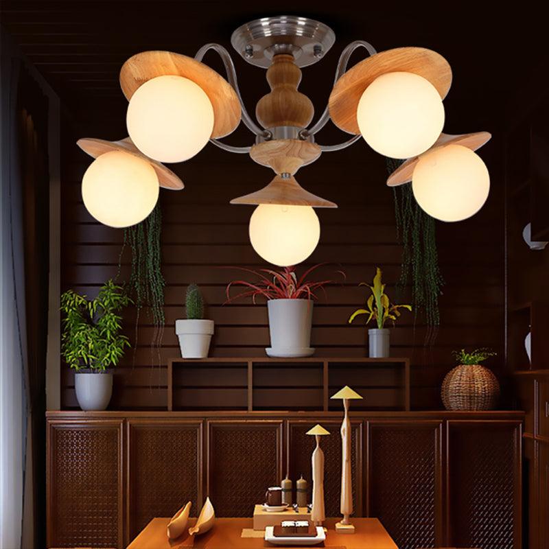 Modern Ball White Glass Chandelier 5 Lights Ceiling Pendant Fixture with Wooden Cap - Rebooters