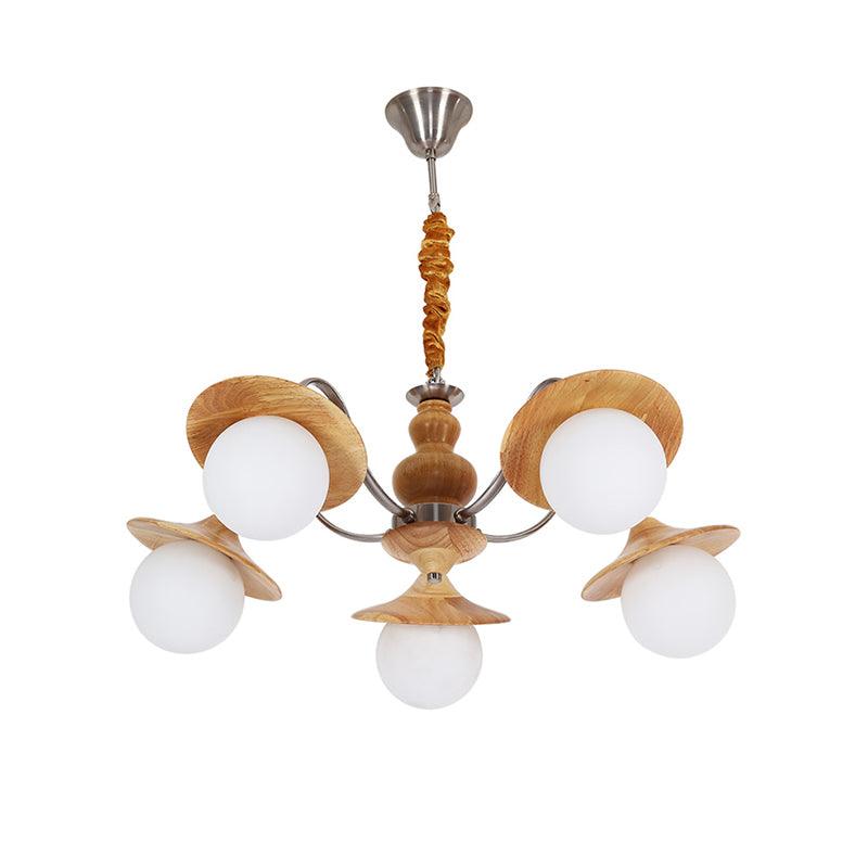 Modern Ball White Glass Chandelier 5 Lights Ceiling Pendant Fixture with Wooden Cap - Rebooters