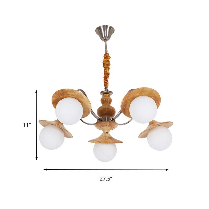 Modern Ball White Glass Chandelier 5 Lights Ceiling Pendant Fixture with Wooden Cap - Rebooters