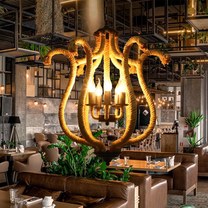 5 Heads Roped Cage Chandelier Lamp Vintage Brown Ceiling Fixture - Rebooters