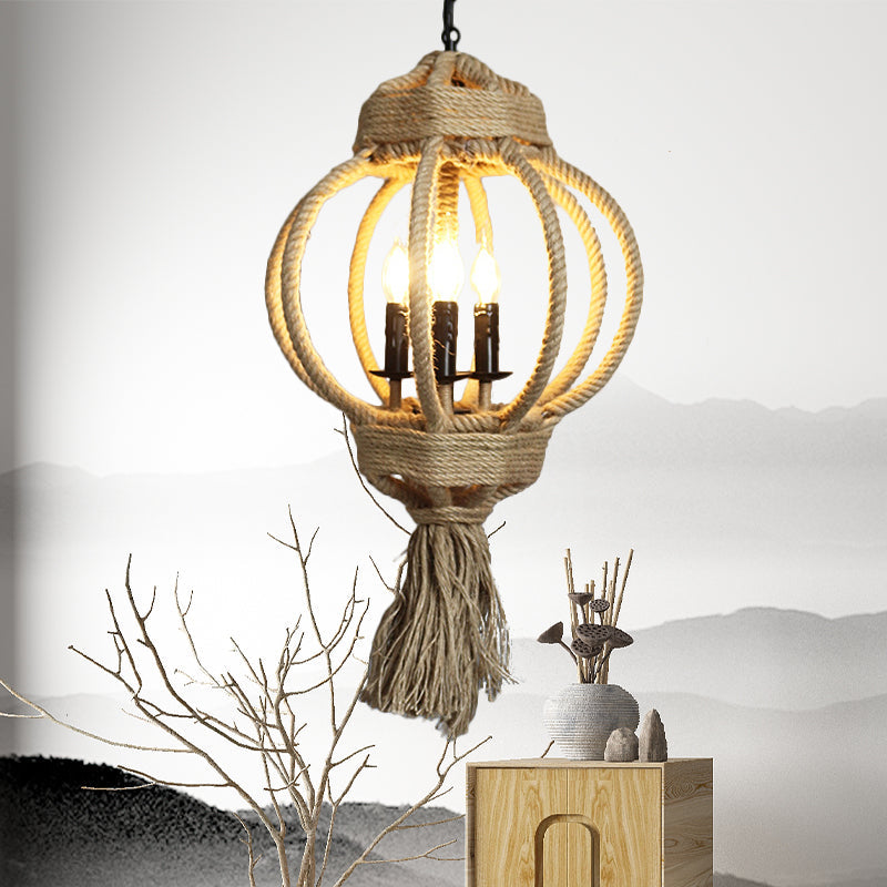 3 Bulbs Lantern Cage Hanging Lamp Country Style Hemp Rope Chandelier Lighting - Rebooters