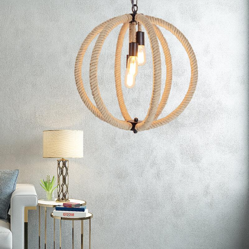 Orb Shade Hallway Chandelier Hanging Light Retro Style Hemp Rope 3 Lights Beige Ceiling Lamp - Rebooters