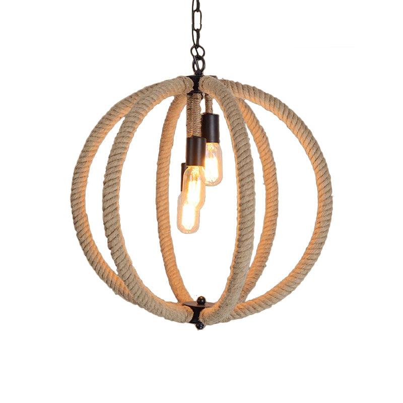 Orb Shade Hallway Chandelier Hanging Light Retro Style Hemp Rope 3 Lights Beige Ceiling Lamp - Rebooters