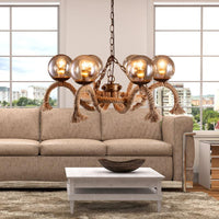 6 Lights Global Chandelier Lighting Retro Rust Finish Rope Suspension Light - Rebooters