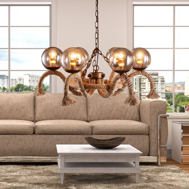 6 Lights Global Chandelier Lighting Retro Rust Finish Rope Suspension Light - Rebooters