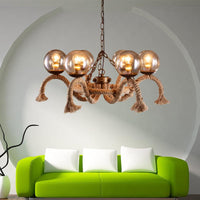 6 Lights Global Chandelier Lighting Retro Rust Finish Rope Suspension Light - Rebooters