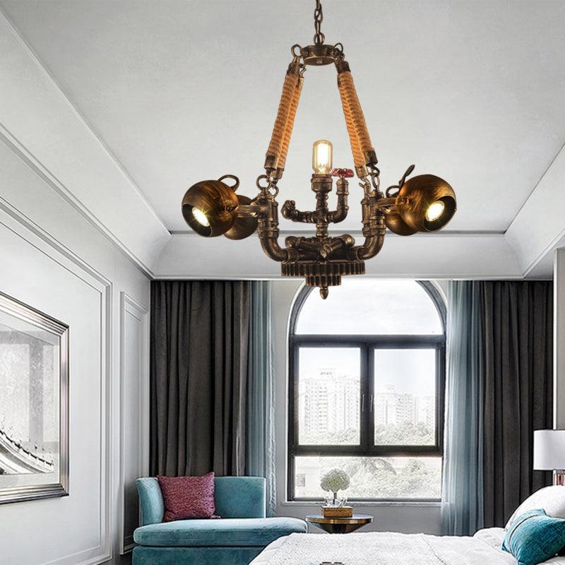 5 Lights Ball Chandelier Lighting with Global Shade Retro Bronze Metal Rope Pendant for Bar - Rebooters
