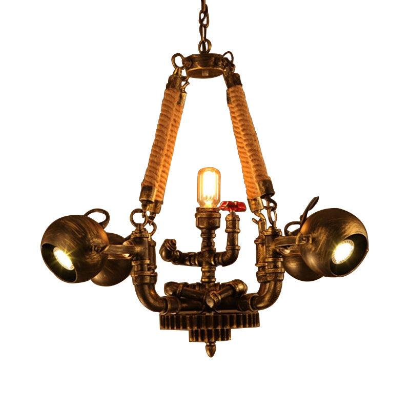 5 Lights Ball Chandelier Lighting with Global Shade Retro Bronze Metal Rope Pendant for Bar - Rebooters