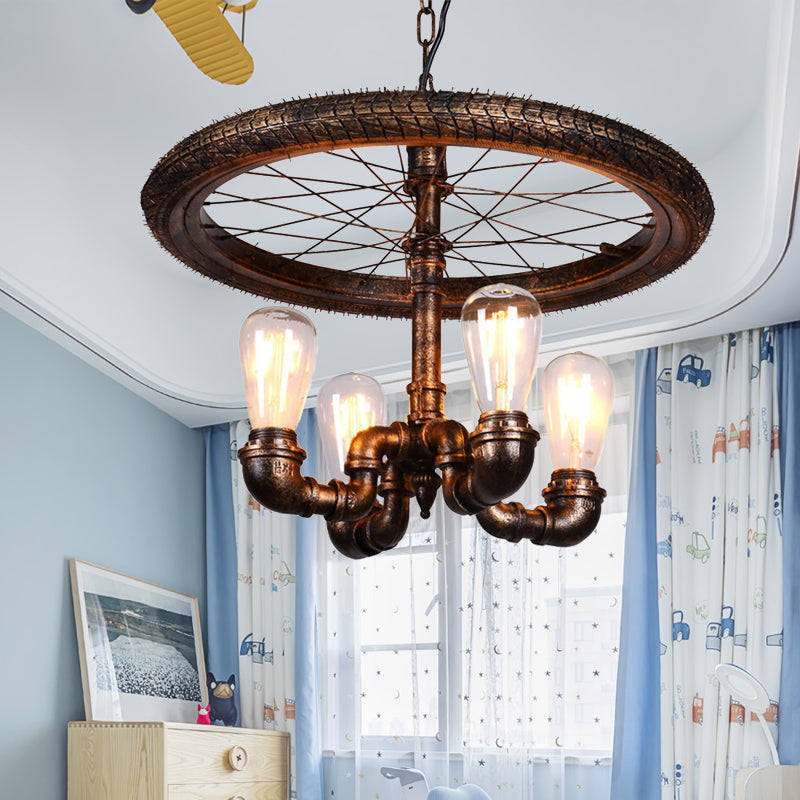 Wheel Design Living Room Chandelier Lamp Vintage Style Metal 4 Lights Rust Pendant Light - Rebooters