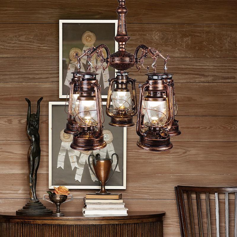 5 Lights Clear Glass Pendant Chandelier Antique Stylish Bronze Copper Kerosene Dining Room Fixture - Rebooters