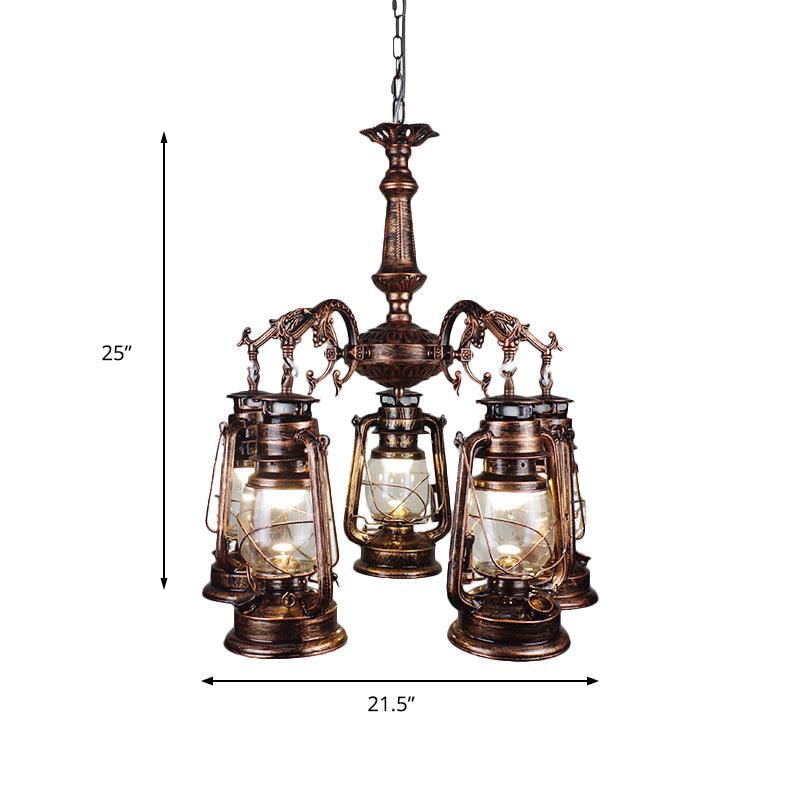 5 Lights Clear Glass Pendant Chandelier Antique Stylish Bronze Copper Kerosene Dining Room Fixture - Rebooters