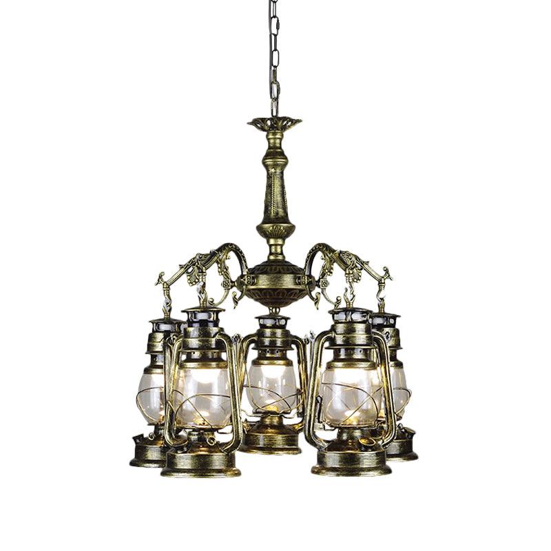 5 Lights Clear Glass Pendant Chandelier Antique Stylish Bronze Copper Kerosene Dining Room Fixture - Rebooters