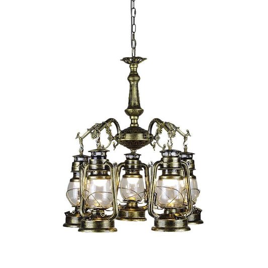 5 Lights Clear Glass Pendant Chandelier Antique Stylish Bronze Copper Kerosene Dining Room Fixture - Rebooters