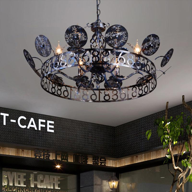 Etched Circular Coffee Shop Hanging Light Antique Wrought Iron 6 Heads Rust Chandelier Lamp - Rebooters