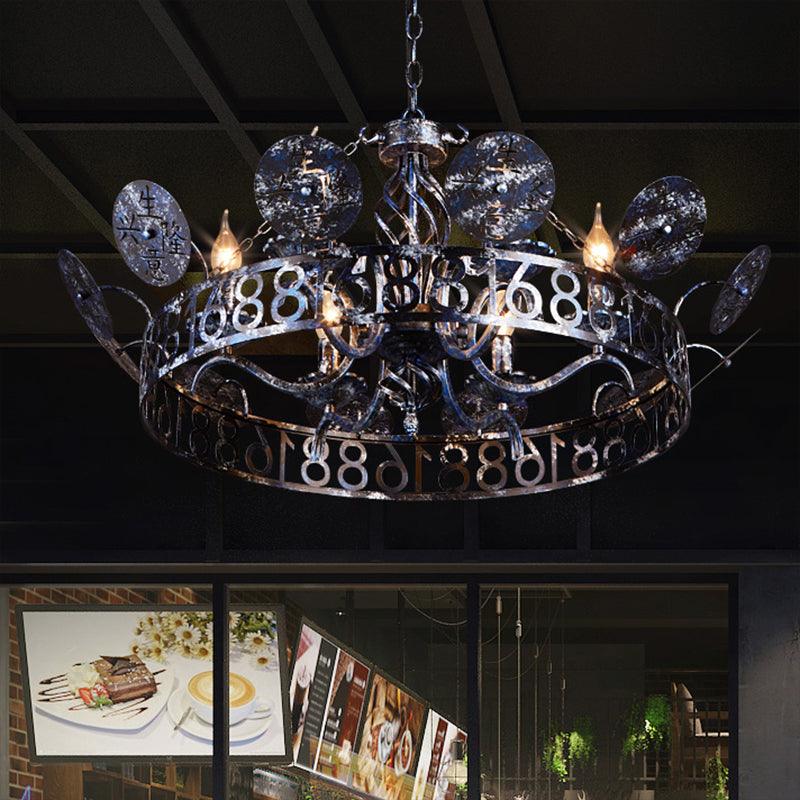 Etched Circular Coffee Shop Hanging Light Antique Wrought Iron 6 Heads Rust Chandelier Lamp - Rebooters