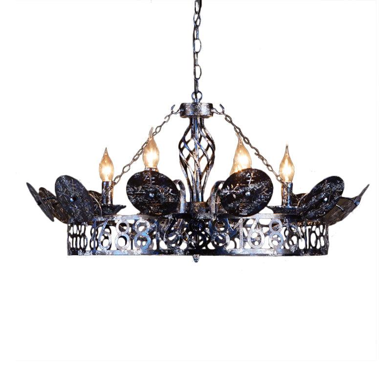 Etched Circular Coffee Shop Hanging Light Antique Wrought Iron 6 Heads Rust Chandelier Lamp - Rebooters