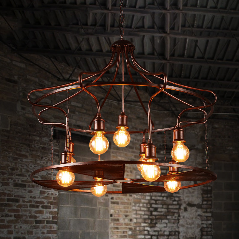Drum Restaurant Pendant Light Metal Nine Lights Antique Stylish Chandelier in Rust - Rebooters