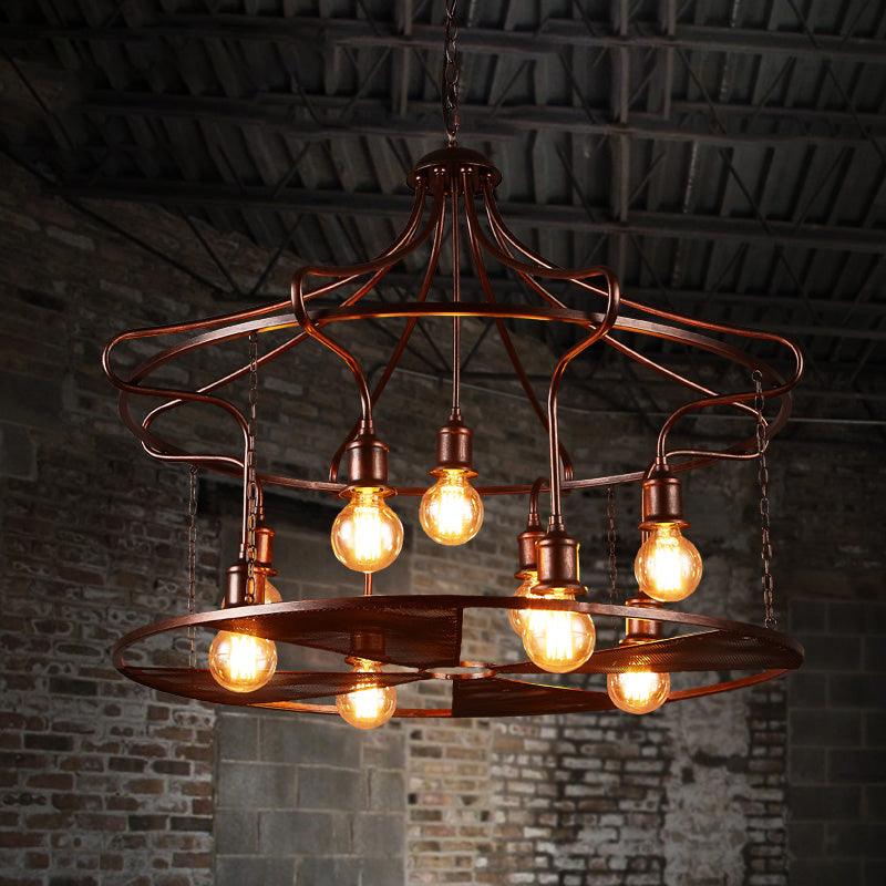 Drum Restaurant Pendant Light Metal Nine Lights Antique Stylish Chandelier in Rust - Rebooters