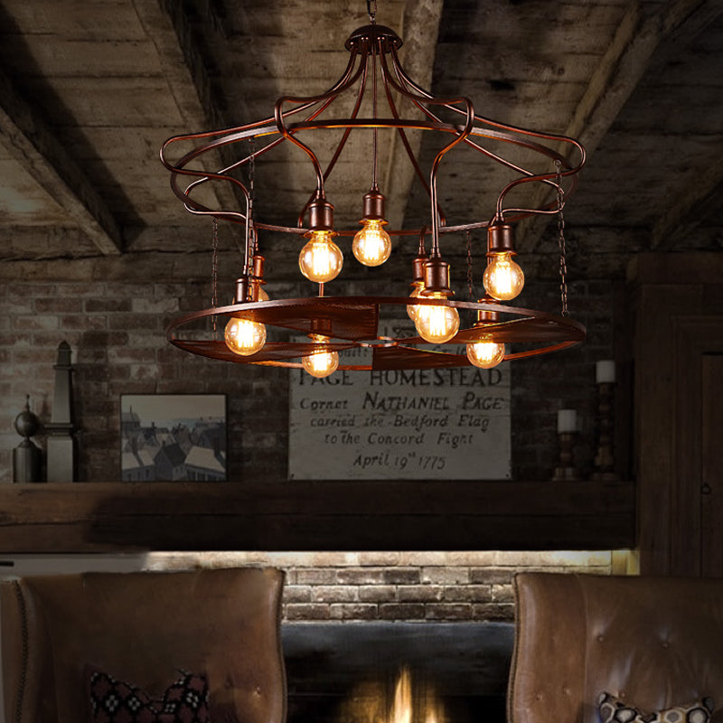 Drum Restaurant Pendant Light Metal Nine Lights Antique Stylish Chandelier in Rust - Rebooters