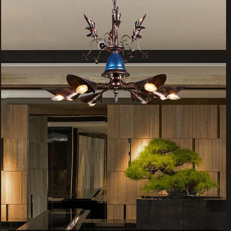 Villa Horn Shade Chandelier Metallic 6 Bulbs Classic Style Pendant Light in Rust - Rebooters