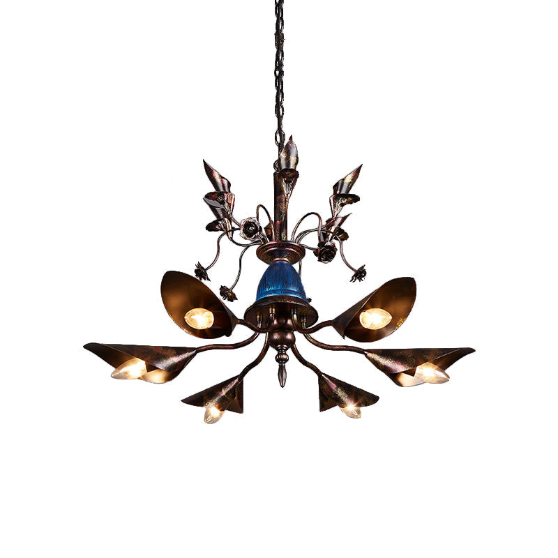 Villa Horn Shade Chandelier Metallic 6 Bulbs Classic Style Pendant Light in Rust - Rebooters