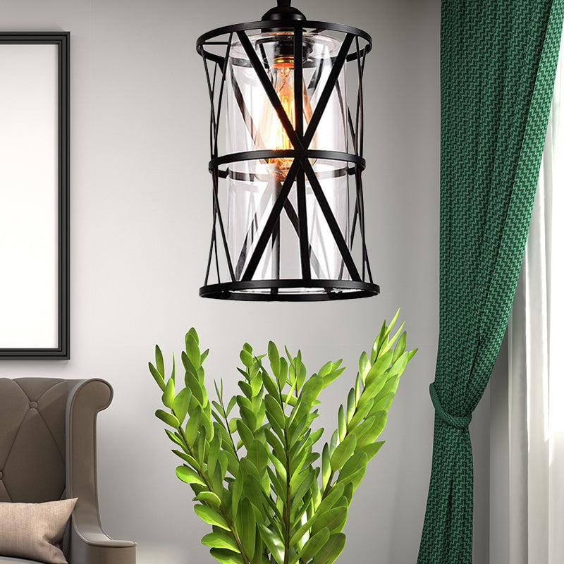 1 Light Pendant Lighting Industrial Cylinder Clear Glass Hanging Ceiling Light in Black with Iron Frame - Rebooters