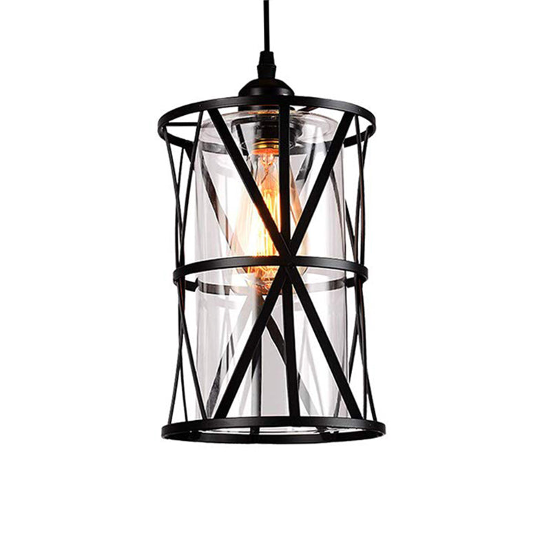 1 Light Pendant Lighting Industrial Cylinder Clear Glass Hanging Ceiling Light in Black with Iron Frame - Rebooters