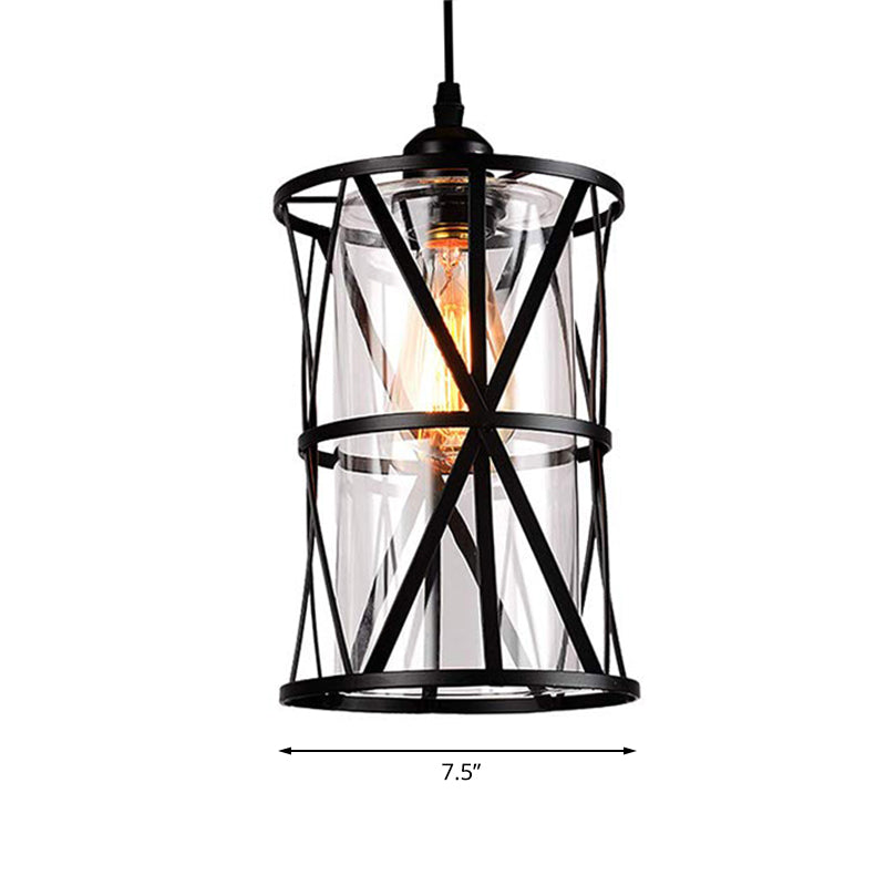 1 Light Pendant Lighting Industrial Cylinder Clear Glass Hanging Ceiling Light in Black with Iron Frame - Rebooters