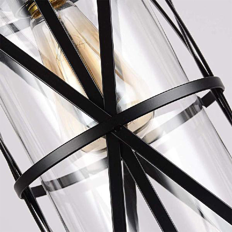 1 Light Pendant Lighting Industrial Cylinder Clear Glass Hanging Ceiling Light in Black with Iron Frame - Rebooters