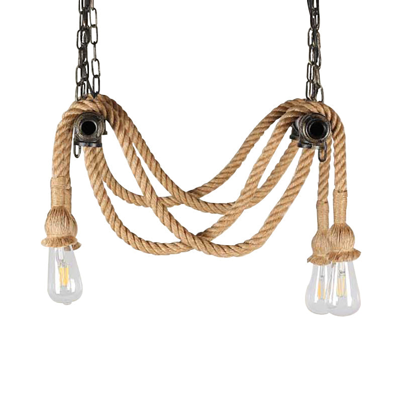 Wrought Iron Bronze Suspension Light Open Bulb 4 Lights Chandelier Lamp with Hemp Rope for Bar - Rebooters