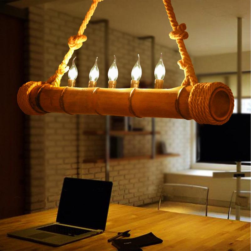 Beige Bamboo Shape Hanging Light with Candle 5 Lights Rustic Chandelier - Rebooters