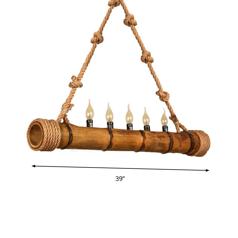 Beige Bamboo Shape Hanging Light with Candle 5 Lights Rustic Chandelier - Rebooters