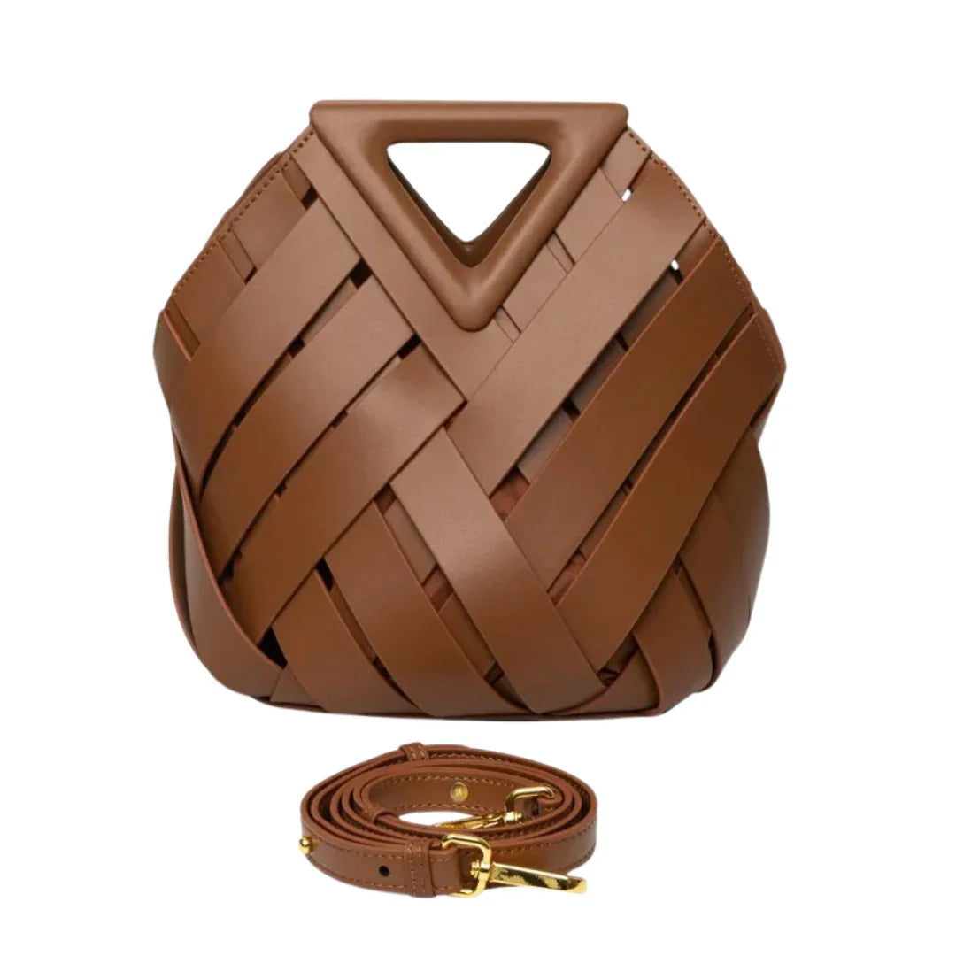 Brown woven leather handbag with triangular handle and detachable shoulder strap