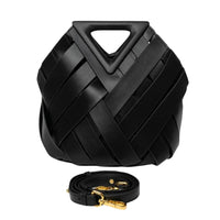 Black woven leather handbag with geometric handle and detachable gold clasp strap