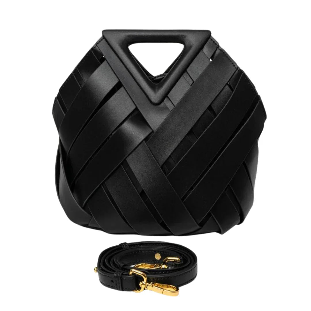 Black woven leather handbag with geometric handle and detachable gold clasp strap
