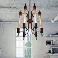 6 Lights Linear Hanging Light with Bare Bulb Farmhouse Black Metal Pendant Lamp - Rebooters