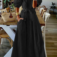 Elegant Livia Women's Maxi Dress with Puff Sleeves and Belted Waist Rebooters Maxi Women's Dresses