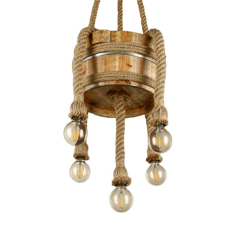 Drum Shape Chandeliers Five-light Retro Style Wood Beige Lights - Rebooters