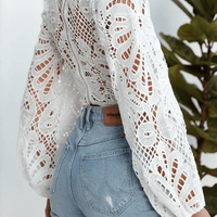 Women's Elegant Hollowed Out Zipper Long Sleeve Top White Rebooters Womens Shirts