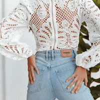 Women's Elegant Hollowed Out Zipper Long Sleeve Top White Rebooters Womens Shirts